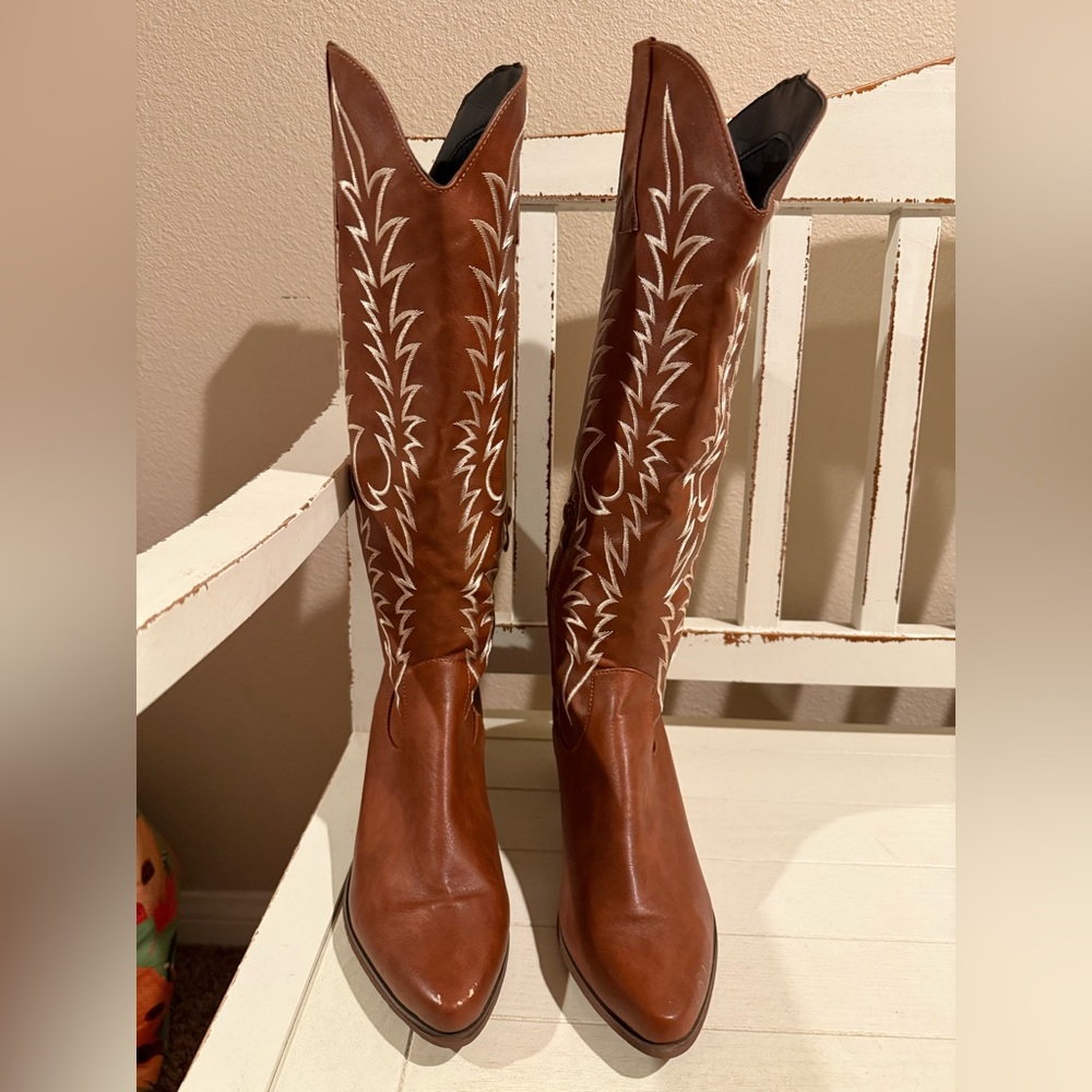Brown Knee High 2.5 Inch Heeled Cowboy‎ Boots size 43 equal to US 11.5/12
